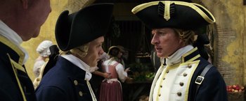 Movie still from “Pirates of the Caribbean: Dead Men Tell No Tales” (2017), directed by Espen Sandberg – A man and a woman in colonial garb talking to each other; Medium shot, Over the shoulder angle