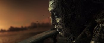 Movie still from “Pirates of the Caribbean: Dead Men Tell No Tales” (2017), directed by Espen Sandberg – An artistic picture of a man with long black hair; Close Up shot, Low angle