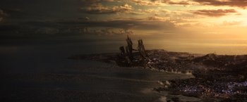 Movie still from “Pirates of the Caribbean: Dead Men Tell No Tales” (2017), directed by Espen Sandberg – An image of an old ship in the ocean at sunset; Extreme Wide shot, High angle