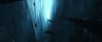 Movie still from “Pirates of the Caribbean: Dead Men Tell No Tales” (2017), directed by Espen Sandberg – A group of people swimming in the water; Extreme Wide shot, High angle