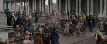 Movie still from “Pirates of the Caribbean: On Stranger Tides” (2011), directed by Rob Marshall – A crowd of people walking down a set of steps; Extreme Wide shot, High angle