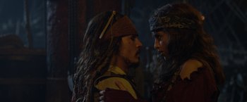 Movie still from “Pirates of the Caribbean: On Stranger Tides” (2011), directed by Rob Marshall – A man and a woman are looking at one another; Close Up shot, Over the shoulder angle