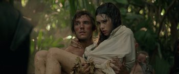 Movie still from “Pirates of the Caribbean: On Stranger Tides” (2011), directed by Rob Marshall – A man and a woman in the woods; Medium shot, Low angle