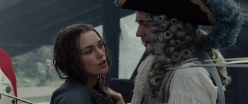 Movie still from “Pirates of the Caribbean: The Curse of the Black Pearl” (2003), directed by Gore Verbinski – A man and a woman are talking to each other; Close Up shot, Over the shoulder angle