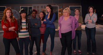 Movie still from “Pitch Perfect” (2012), directed by Jason Moore – A group of women standing next to each other in a room; Wide shot, Low angle
