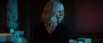 Movie still from “Atomic Blonde” (2017), directed by David Leitch – Charlize theron in atomic blonde; Close Up shot, Over the shoulder angle