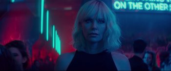 Movie still from “Atomic Blonde” (2017), directed by David Leitch – Charlize theron in atomic blonde; Close Up shot, Over the shoulder angle