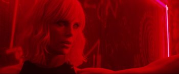 Movie still from “Atomic Blonde” (2017), directed by David Leitch – Charlize theron in the movie atomic blonde; Close Up shot, Low angle