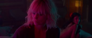 Movie still from “Atomic Blonde” (2017), directed by David Leitch – A person wearing a jacket; Close Up shot, Over the shoulder angle