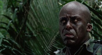 Movie still from “Predator” (1987), directed by John McTiernan – A person in a forest near a palm tree; Close Up shot, Low angle