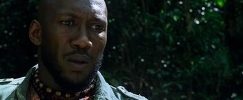 Movie still from “Predators” (2010), directed by Nimród Antal – A man's face in front of trees; Close Up shot, Over the shoulder angle