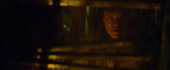Movie still from “Predators” (2010), directed by Nimród Antal – A person looking at the camera; Close Up shot, Low angle