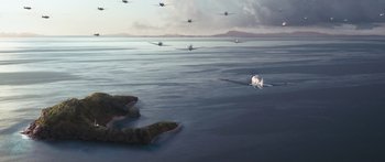 Movie still from “Australia” (2008), directed by Baz Luhrmann – An image of airplanes flying in the sky over the ocean; Extreme Wide shot, High angle