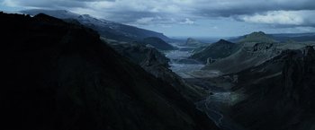 Movie still from “Prometheus” (2012), directed by Ridley Scott – A view of a valley with a river running through it; Extreme Wide shot, High angle
