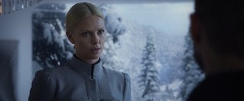 Movie still from “Prometheus” (2012), directed by Ridley Scott – A woman standing in front of a snow covered forest; Close Up shot, Over the shoulder angle