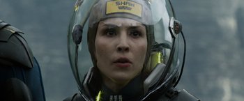 Movie still from “Prometheus” (2012), directed by Ridley Scott – A person wearing a helmet; Close Up shot, Low angle