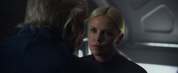 Movie still from “Prometheus” (2012), directed by Ridley Scott – A woman and a man looking at one another; Close Up shot, Over the shoulder angle