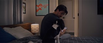 Movie still from “Puppy Love” (2023), directed by Richard Alan Reid – A man sitting on a bed looking at his phone; Medium shot, Low angle