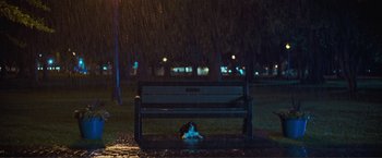 Movie still from “Puppy Love” (2023), directed by Richard Alan Reid – A cat sitting on top of a bench in the middle of the night; Extreme Wide shot, High angle