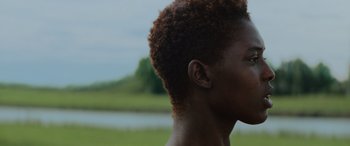 Movie still from “Queen & Slim” (2019), directed by Melina Matsoukas – A person's face with trees in the background; Close Up shot, Over the shoulder angle