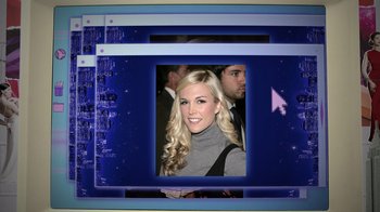 Movie still from “Queenmaker: The Making of an It Girl” (2023), directed by Zackary Drucker – A woman with long blonde hair wearing a gray sweater; Close Up shot, High angle