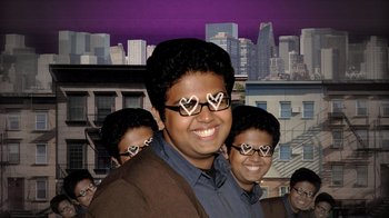Movie still from “Queenmaker: The Making of an It Girl” (2023), directed by Zackary Drucker – A group of people wearing heart shaped glasses; Extreme Close Up shot, High angle