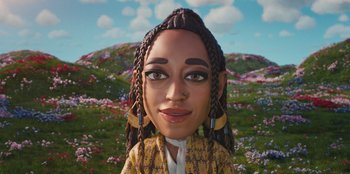 Movie still from “Quiz Lady” (2023), directed by Jessica Yu – A woman's face is shown in front of a field of flowers; Close Up shot, Low angle