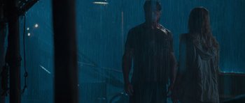 Movie still from “Rambo” (2008), directed by Sylvester Stallone – A man standing in the rain in front of a window; Medium shot, Low angle