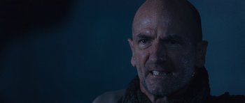 Movie still from “Rambo” (2008), directed by Sylvester Stallone – A man with a shaved head and a beard; Close Up shot, Low angle