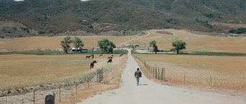 Movie still from “Rambo” (2008), directed by Sylvester Stallone – A man walking down a dirt road with horses in the background; Extreme Wide shot, High angle