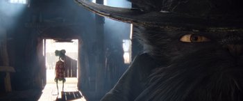 Movie still from “Rango” (2011), directed by Gore Verbinski – A person wearing a hat in a room with smoke; Extreme Close Up shot, Over the shoulder angle
