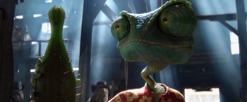 Movie still from “Rango” (2011), directed by Gore Verbinski – A chameleon's head in the sunlight; Close Up shot, Low angle