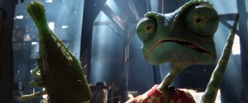 Movie still from “Rango” (2011), directed by Gore Verbinski – A stuffed animal lizard with its mouth wide open; Close Up shot, Low angle