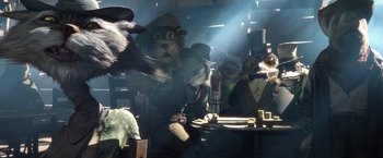 Movie still from “Rango” (2011), directed by Gore Verbinski – A group of people dressed up like animals; Medium shot, Low angle