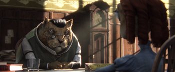 Movie still from “Rango” (2011), directed by Gore Verbinski – A cat wearing glasses sitting on top of a wooden table; Close Up shot, Low angle