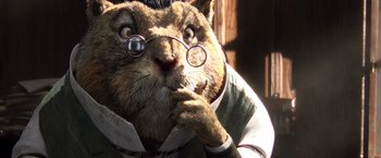 Movie still from “Rango” (2011), directed by Gore Verbinski – A cat wearing glasses and a sweater; Close Up shot, High angle
