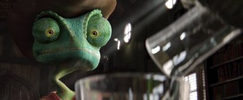 Movie still from “Rango” (2011), directed by Gore Verbinski – A stuffed animal lizard wearing a cowboy hat; Extreme Close Up shot, Over the shoulder angle
