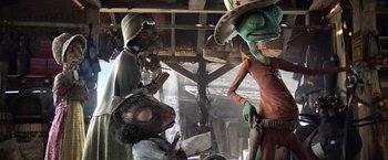Movie still from “Rango” (2011), directed by Gore Verbinski – A group of people standing next to each other in a room; Medium shot, Low angle