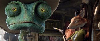Movie still from “Rango” (2011), directed by Gore Verbinski – A lizard's face in a hat shop; Close Up shot, Over the shoulder angle