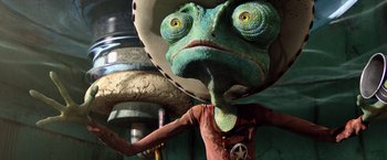 Movie still from “Rango” (2011), directed by Gore Verbinski – A person with a lizard head; Close Up shot, Low angle