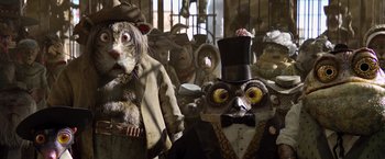 Movie still from “Rango” (2011), directed by Gore Verbinski – Many paper mache animals in a room; Close Up shot, Low angle