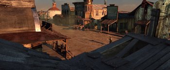 Movie still from “Rango” (2011), directed by Gore Verbinski – An image of an old western town in the middle of the day; Extreme Wide shot, High angle