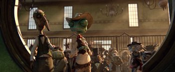 Movie still from “Rango” (2011), directed by Gore Verbinski – A group of people standing in a room; Wide shot, Low angle