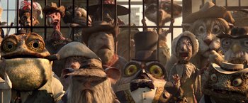 Movie still from “Rango” (2011), directed by Gore Verbinski – A lot of animal heads in a cage; Close Up shot, High angle