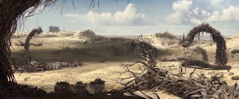 Movie still from “Rango” (2011), directed by Gore Verbinski – An image of a desert scene with trees and bushes; Extreme Wide shot, High angle