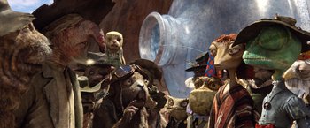Movie still from “Rango” (2011), directed by Gore Verbinski – A group of stuffed animals are gathered together in a room; Close Up shot, Low angle