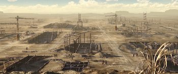 Movie still from “Rango” (2011), directed by Gore Verbinski – An industrial area in the middle of the desert; Extreme Wide shot, High angle
