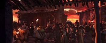 Movie still from “Rango” (2011), directed by Gore Verbinski – A group of people standing next to each other on a street; Wide shot, High angle