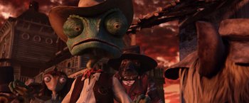 Movie still from “Rango” (2011), directed by Gore Verbinski – A lizard and a dog in a cowboy outfit; Close Up shot, Over the shoulder angle