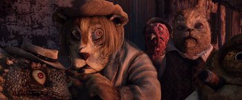 Movie still from “Rango” (2011), directed by Gore Verbinski – A lion and a man with a hat on; Close Up shot, Low angle